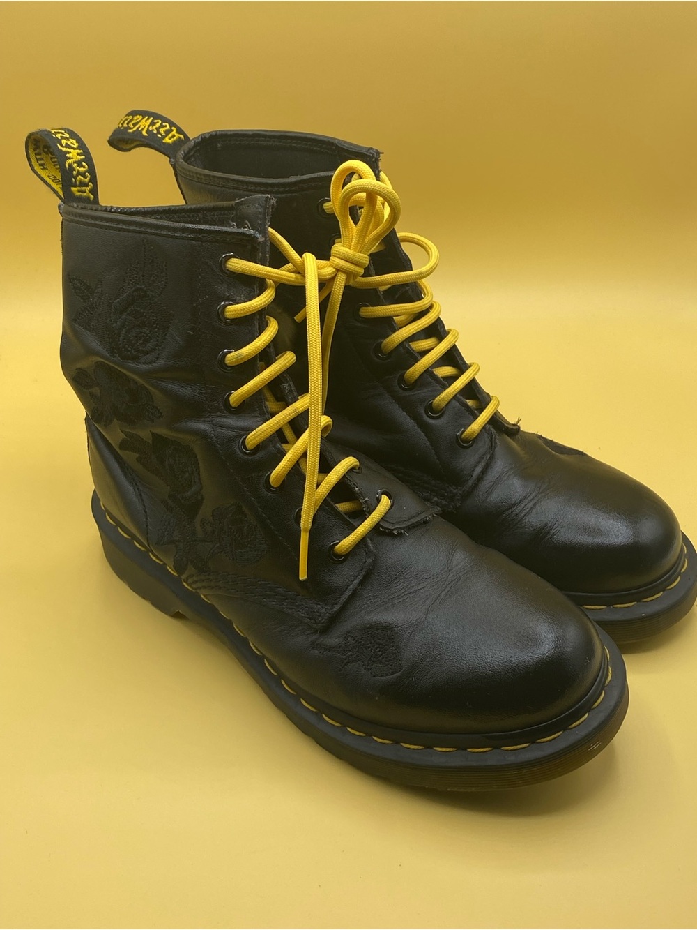 Dr. Martens Black Leather Combat Boots with Yellow Laces
